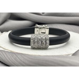 Sterling Silver 925 Cz Black Rubber Bracelet 15 Grams / 7 Inches